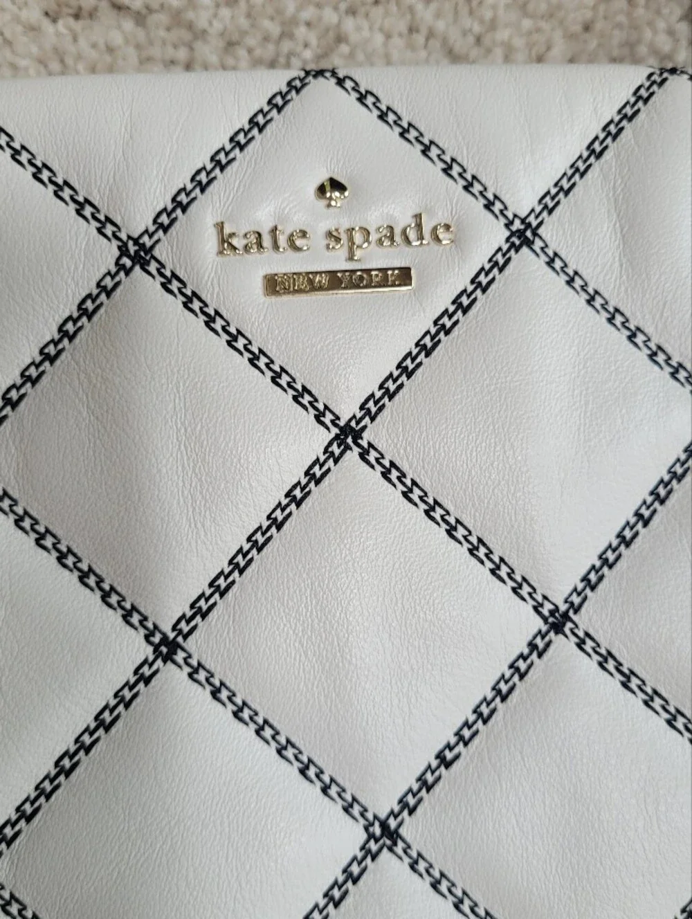 EUC kate spade White Quilted Tote with Black Stitching and Gold Chain Handles